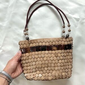 VINTAGE Wooden Disk + Shell Embellished Purse Summer Shoulder Bag